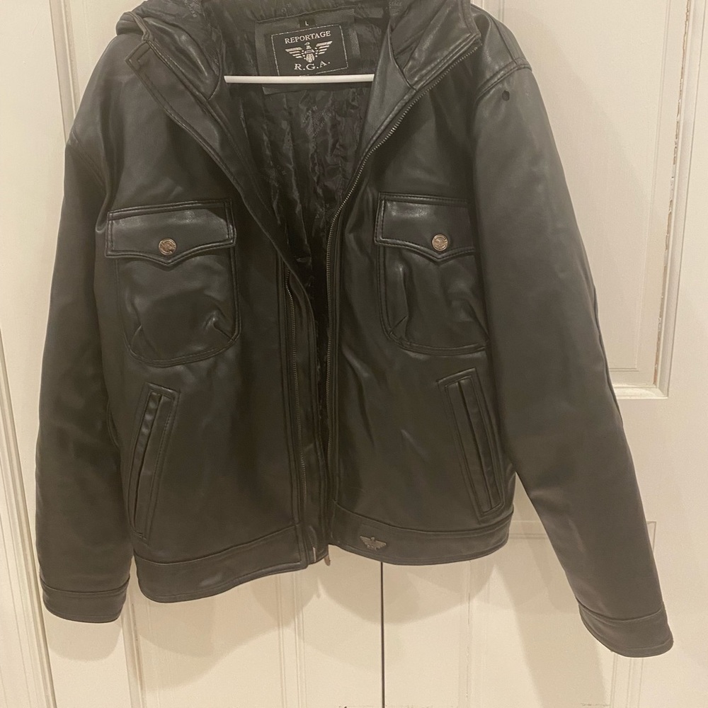 Reportage - rider’s jacket with a hoodie - faux leather - size L - black color